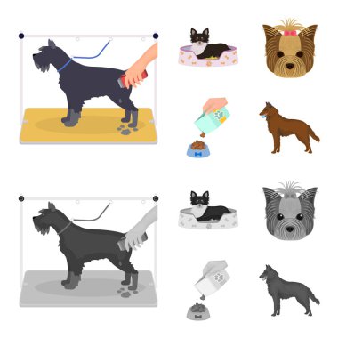 Bir tembel, bir namlu bir hayvan, bir besleme ile bir kase, çoban köpeği dişlerini bir top ile bir köpek. Evcil Hayvan, köpek bakım toplama simgeler çizgi film, tek renkli stil vektör simge stok çizim web ayarla.