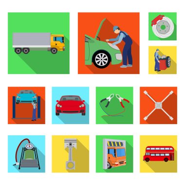 Araba, Asansör, pompa ve diğer ekipmanlar set koleksiyonu tasarım için simgeleri düz. Araba bakım istasyonu vektör simge stok çizim web.