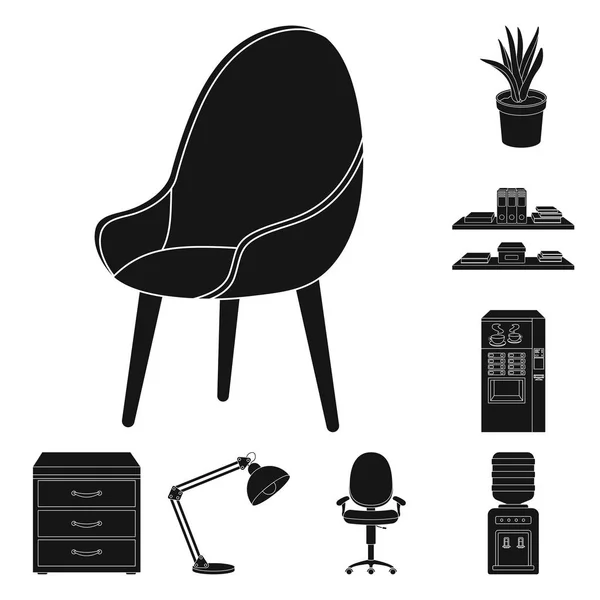 Wnętrze ikony czarny w miejscu pracy w kolekcja zestaw do projektowania. Biuro meble wektorowego symbol zasobów sieci web. — Wektor stockowy