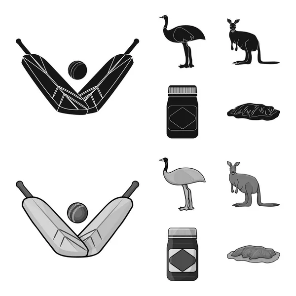 A game of cricket, an emu strich, a kangaroo, a popular food.Australia set collection icons in black, monochrome style vector symbol stock illustration web . — стоковый вектор