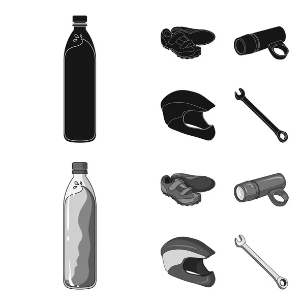 Бутылка воды, кроссовки, фонарик для велосипеда, защитный шлем. Набор комплектов велосипедистов иконки коллекции в черном, монохромном стиле векторные символы фондового иллюстрации паутины . — стоковый вектор