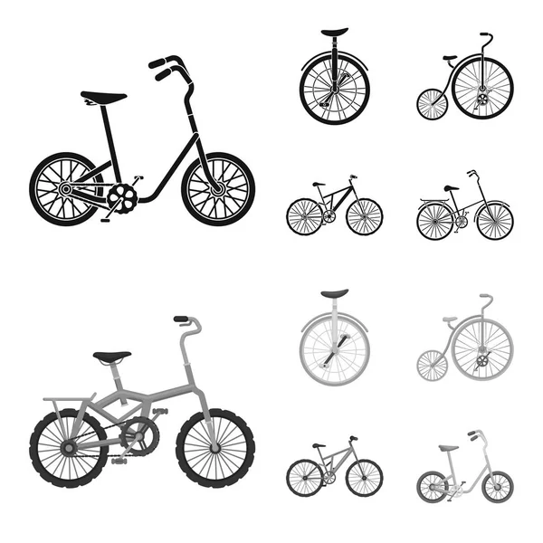 レトロ、一輪車と他の種類。別の自転車は黒、白黒スタイル ベクトル シンボル ストック イラスト web でコレクション アイコンを設定します。. — ストックベクタ