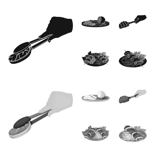 Pinces avec steak, viande frite sur une cuillère, trancher le citron et les olives, shish kebab sur une assiette avec des légumes. Ensemble d'icônes de la collection Food and Cooking en noir, symbole vectoriel de style monochrome stock — Image vectorielle