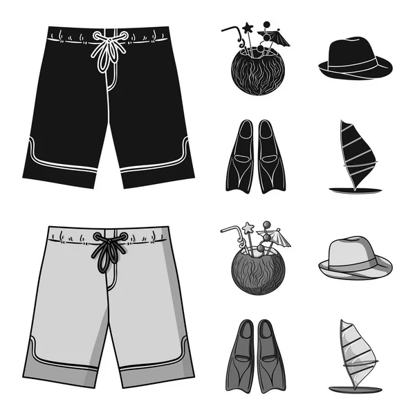 Swimming trunks, cocktail with coconut, panama and flippers. Surfing set collection icons in black,monochrome style vector symbol stock illustration web. — Stock Vector