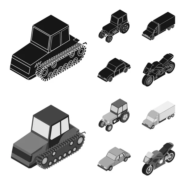 Tractor, oruga tractor, camión, coche. Transporte conjunto colección iconos en negro, monocromo estilo vector símbolo stock ilustración web . — Archivo Imágenes Vectoriales