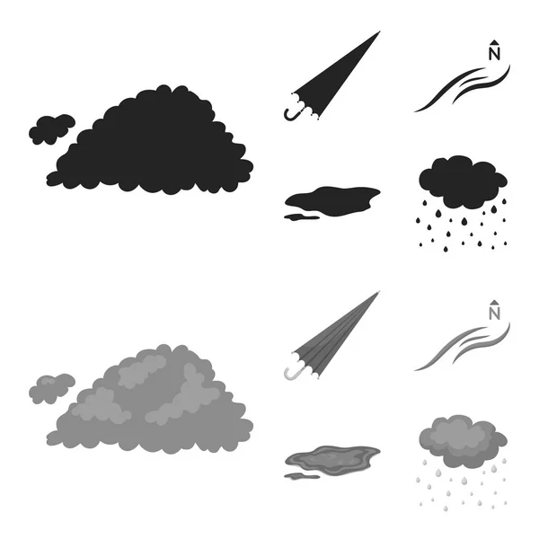 Ομπρέλα, το βόρειο άνεμο, σύννεφο, μια λακκούβα στο έδαφος. Ο καιρός στεγάζεται συλλογή εικονιδίων σε μαύρο, μονόχρωμη στυλ διάνυσμα σύμβολο μετοχής εικονογράφηση web. — Διανυσματικό Αρχείο