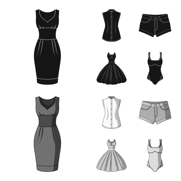 Kadın giyim tasarım için set koleksiyonunda siyah, tek renkli simgeler. Sembol stok web illüstrasyon vektör giyim çeşitleri ve aksesuarlar. — Stok Vektör