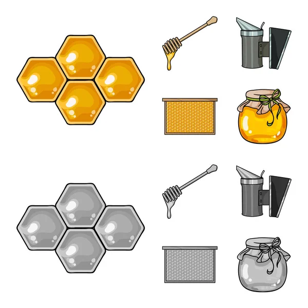 Una cornice con favi, un mestolo di miele, un fumigatore di api, un barattolo di miele.Icone della collezione apirica in cartone animato, stile monocromatico vettoriale simbolo stock illustrazione web . — Vettoriale Stock