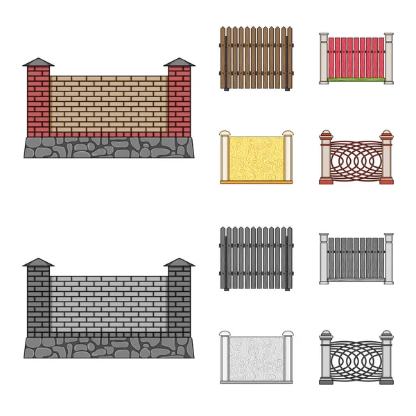 Metal ve tuğla, ahşap çit çit. Farklı bir çit toplama simgeler çizgi film, tek renkli stil vektör simge stok illüstrasyon ayarla. .