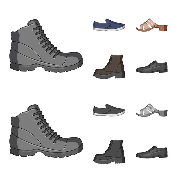 En uppsättning ikoner på en mängd olika skor. Olika skor enda ikon i tecknad film, svartvit stil vektor web symbol stock illustration. — Stock vektor