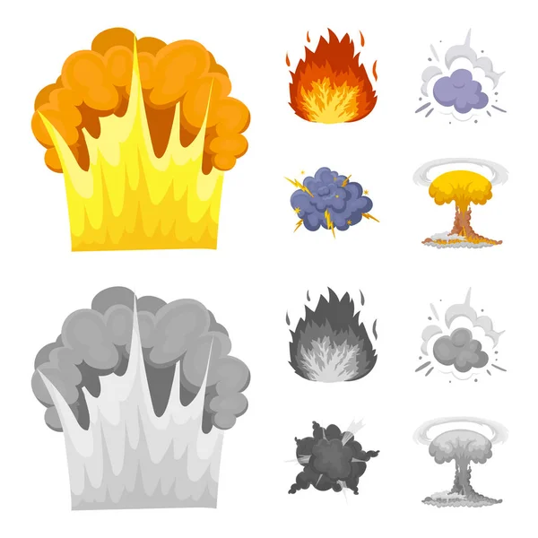Пламя, искры, фрагменты водорода, атомный или газовый взрыв. Взрывы настраивают иконки коллекции в мультипликационном, монохромном стиле векторных символов иконок . — стоковый вектор