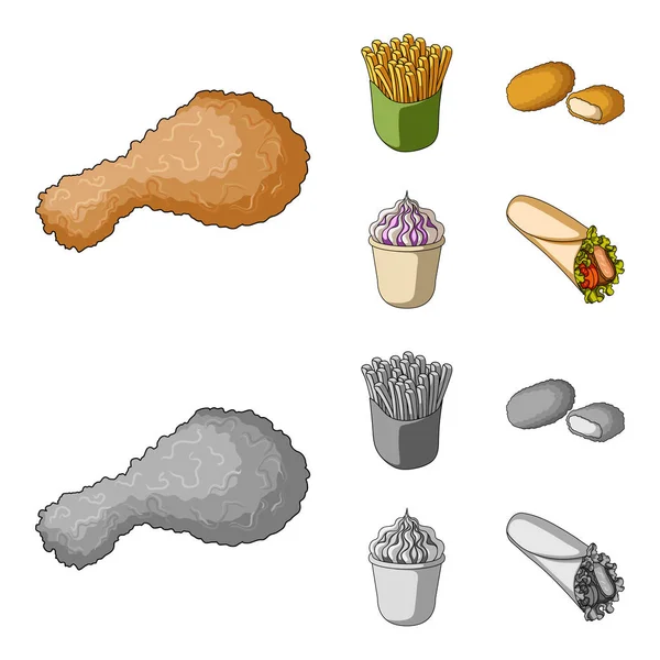 Gıda, içecekler, aperatifler ve diğer web simgesi karikatür, tek renkli stil. Ambalaj, kağıt, patates simgeler kümesi koleksiyonu. — Stok Vektör