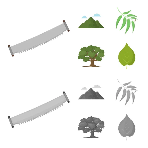 山、雲、木、枝、葉。フォレストはモノクロ スタイル ベクトル シンボル ストック イラスト web 漫画でコレクションのアイコンを設定. — ストックベクタ