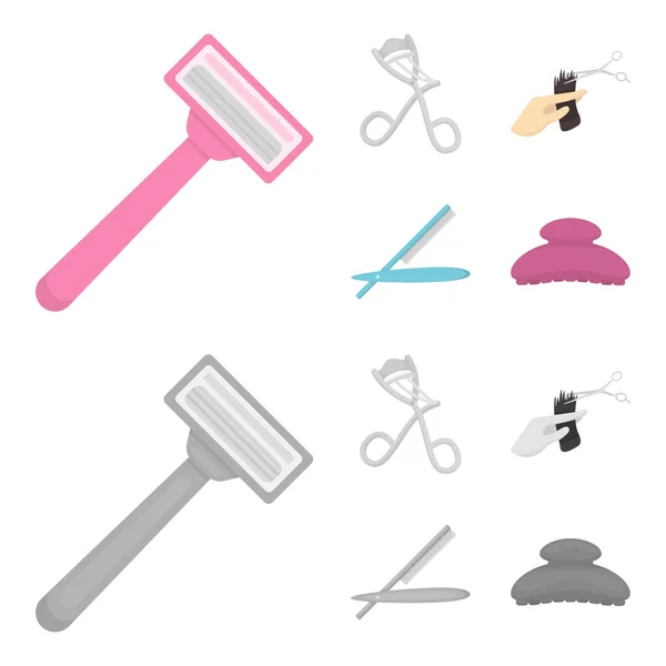 Forbici, spazzola, rasoio e altre attrezzature. Set icone collezione parrucchiere in cartone animato, stile monocromatico vettore simbolo stock illustrazione web . — Vettoriale Stock