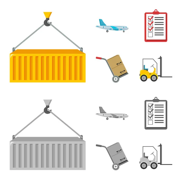 Vrachtvliegtuig, kar voor vervoer, dozen, heftruck, documenten. Logistieke, set collectie iconen in de tekenfilm, zwart-wit stijl vector symbool stock illustratie web. — Stockvector