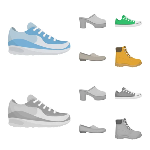 Flip-flops, clogs on a high platform and heel, green sneakers with laces, female gray ballet flats, red shoes on the tractor sole. Shoes set collection icons in cartoon,monochrome style vector symbol — Stock Vector