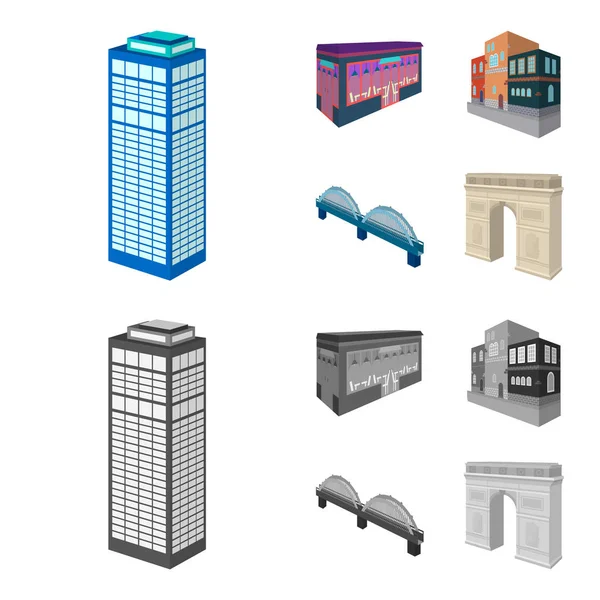 Arc de Triomphe à Paris, Pont renforcé, cafétéria, Maison de style scandinave. Architecture et ensemble de construction icônes de la collection dans la bande dessinée, le style monochrome vectoriel symbole illustration stock — Image vectorielle