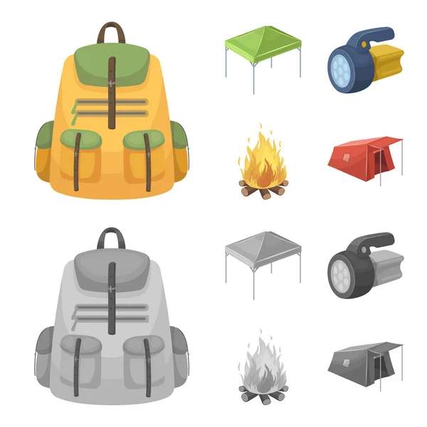 Tenda, fuoco e altre attrezzature turistiche.Tenda set icone di raccolta in cartone animato, stile monocromatico vettore simbolo stock illustrazione web . — Vettoriale Stock