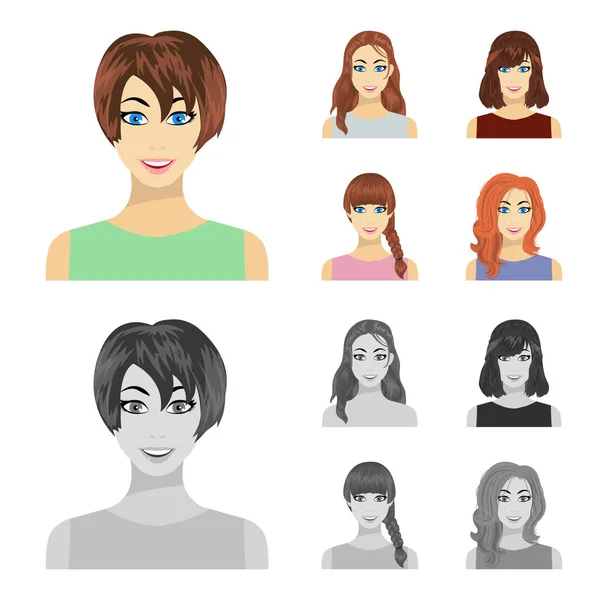 Types of female hairstyles cartoon, monochrome icons in set collection for design. Внешний вид веб-иллюстрации женского векторного символа . — стоковый вектор