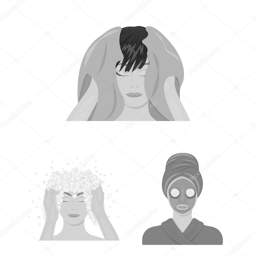 Care of hair and face monochrome icons in set collection for design. Perfumes and makeup vector symbol stock web illustration.