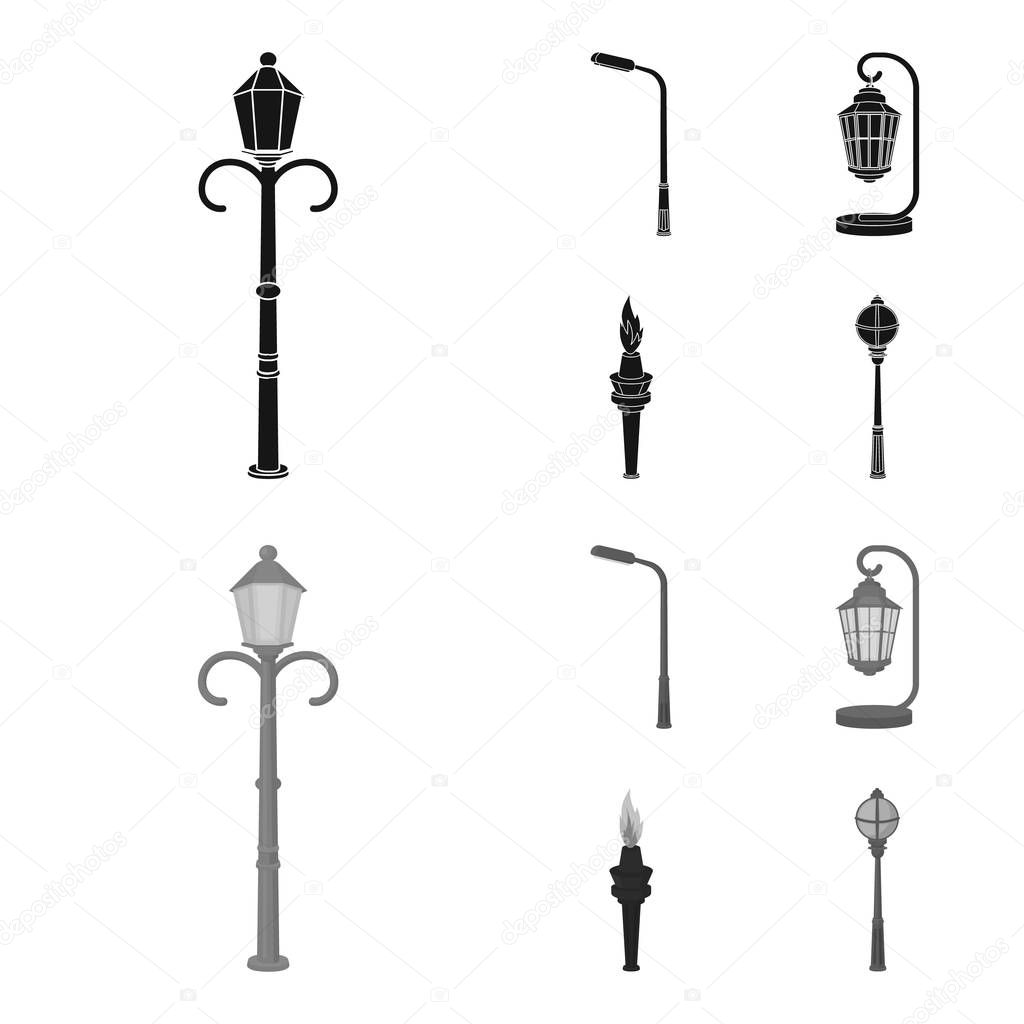 Lamppost in retro style,modern lantern, torch and other types of streetlights. Lamppost set collection icons in black,monochrome style vector symbol stock illustration web.