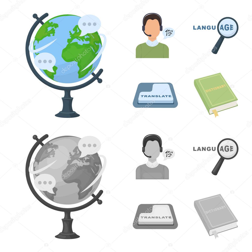 A translator in headphones, a magnifying glass showing translation, a button with an inscription, a book with a bookmark. Interpreter and translator set collection icons in cartoon,monochrome style