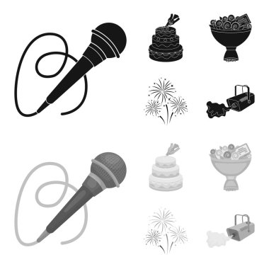 El bir kek krem, bir kablo ile bir mikrofon, bir buket gül bir tebrik kartı, bir festival selam ile yapmak. Etkinlik Hizmetleri toplama simgeler siyah, tek renkli bir tarzda vektör simge stok ayarla