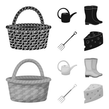 Sepet sepet kamışı-sulama sulama için lastik çizme, çatallar. Siyah, tek renkli stil vektör simge stok çizim web çiftliği ve Bahçe küme koleksiyon simgeler.