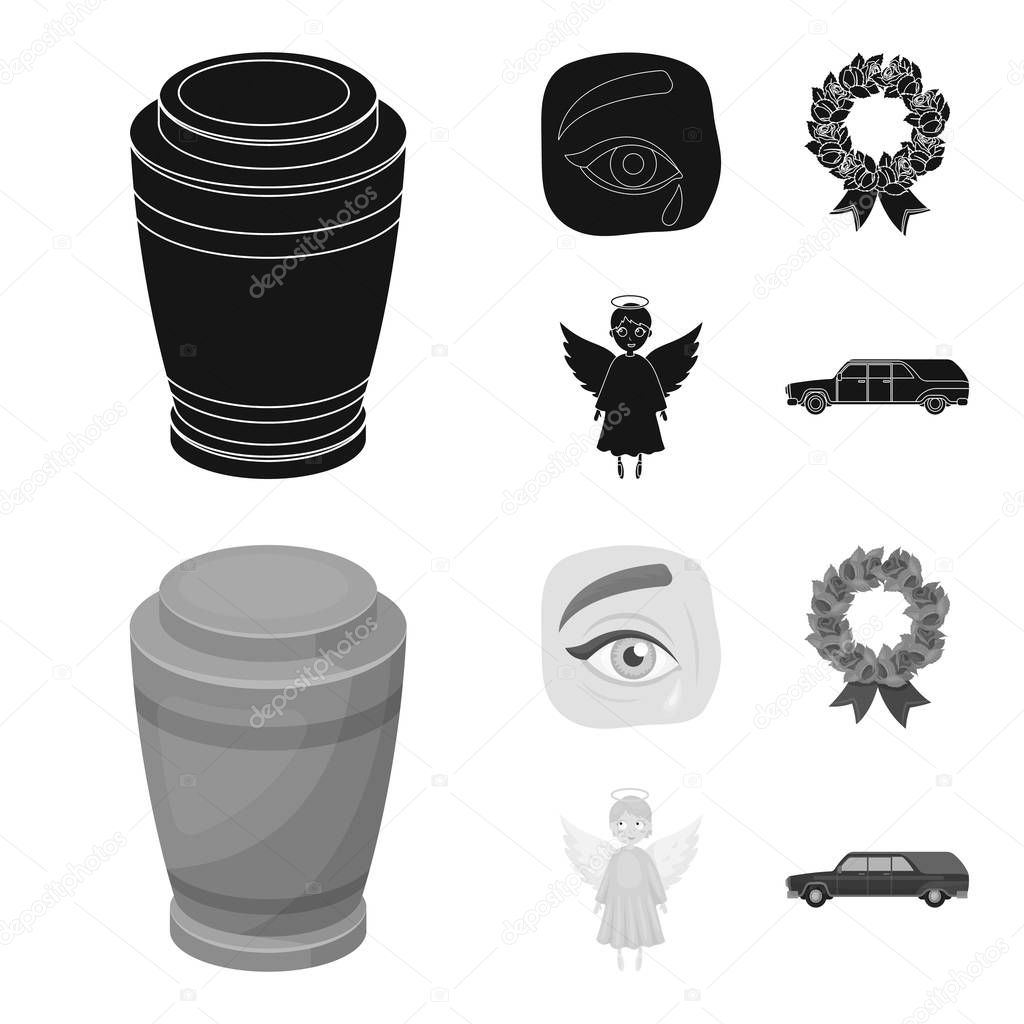 The urn with the ashes of the deceased, the tears of sorrow for the deceased at the funeral, the mourning wreath, the angel of death. Funeral ceremony set collection icons in black,monochrome style