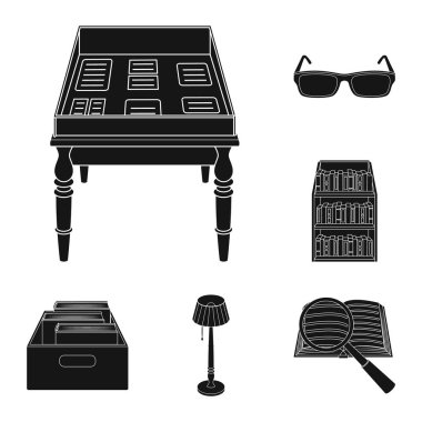 Siyah set koleksiyonu tasarım için simgeler Kütüphane ve kitabevi. Kitap ve mobilyalar sembol stok web illüstrasyon vektör.