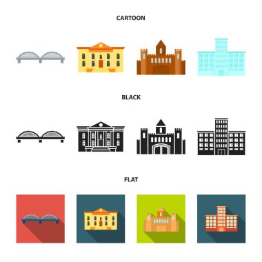 Müze, köprü, kale, hastane. Binada toplama simgeler çizgi film, siyah, düz stil vektör simge stok çizim web içinde.