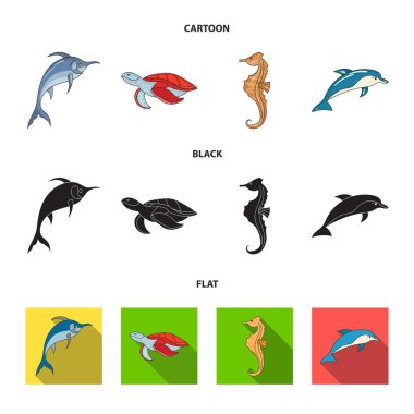 Merlin, kaplumbağa ve diğer türler. Deniz hayvanları toplama simgeler çizgi film, siyah, düz stil vektör simge stok çizim web içinde ayarla..