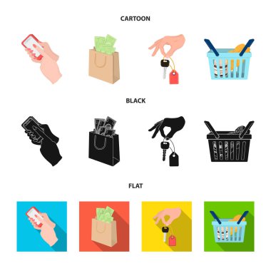 Cep telefonu, para ve çizgi film, siyah, diğer web simgesi ile bir paket tarzı daire. elinde bir sepet ile gıda simgeler kümesi koleksiyonundaki bir anahtar.