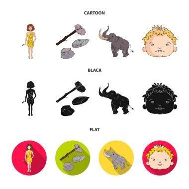 Silah, çekiç, fil, mamut. Taş devri çizgi film, siyah, düz stil vektör simge stok çizim web simgeler ayarla.