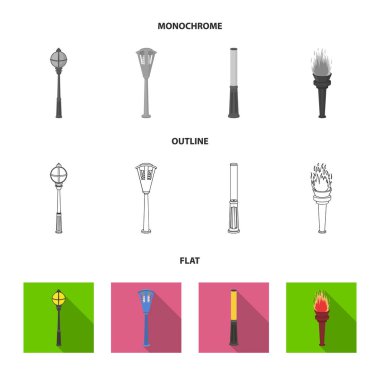Retro tarzı, modern fener, meşale ve diğer tip-in sokak sokak lâmbası direği. Elektrik direği toplama simgeler koymak düz, anahat, tek renkli stil vektör simge stok çizim web.