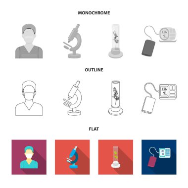 Tüp bebek bitki, Hemşire, mikroskop, tonometer. İlaç toplama simgeler koymak düz, anahat, tek renkli stil vektör simge stok çizim web.