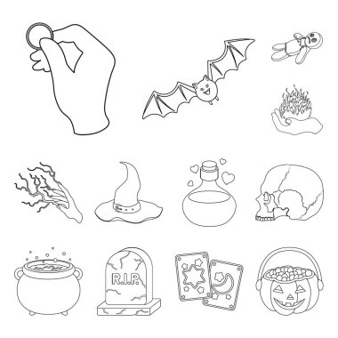 Siyah ve beyaz sihirli anahat simgeleri set koleksiyonu tasarım için. Sembol stok web illüstrasyon vektör öznitelikleri ve büyücü aksesuarları.