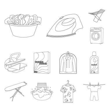 Kuru Temizleme donanımları anahat simgeleri set koleksiyonu tasarım için. Yıkama ve giyim Ütü sembol stok web illüstrasyon vektör.