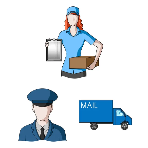 邮件和邮递员卡通图标集的设计。邮件和设备矢量符号股票网站插图. — 图库矢量图片
