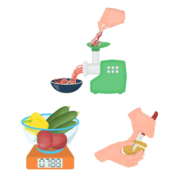 Matlagning mat tecknad ikoner i set samling för design. Kök, utrustning och verktyg vektor symbol lager web illustration. — Stock vektor