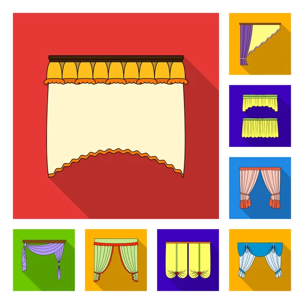 不同类型的窗帘在集合中设计的平面图标。窗帘和 lambrequins 矢量符号股票网页插图. — 图库矢量图片