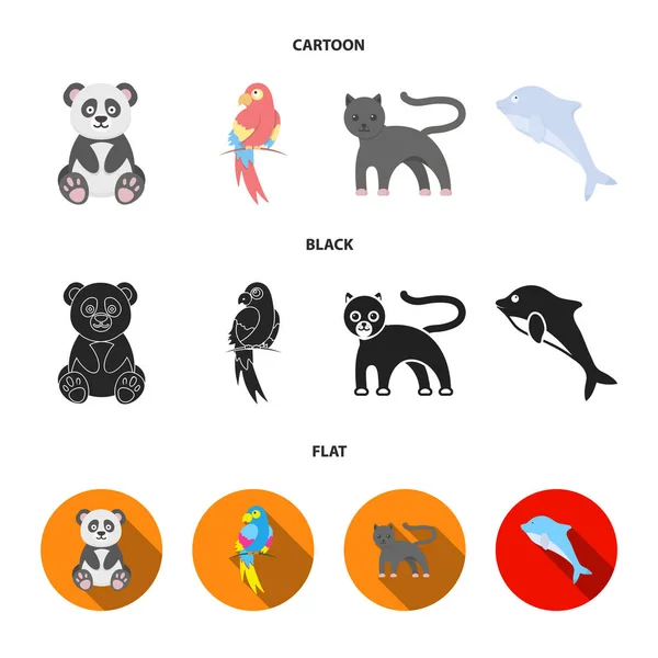 Panda.popugay, pantera, delfin.Animal conjunto colección iconos en dibujos animados, negro, plano estilo vector símbolo stock ilustración web . — Vector de stock