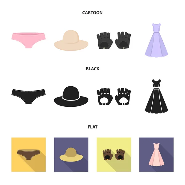 Трусики, перчатки, платье, шляпа. Иконки коллекции одежды в мультипликационном, черном, плоском стиле, векторные символы иконок . — стоковый вектор