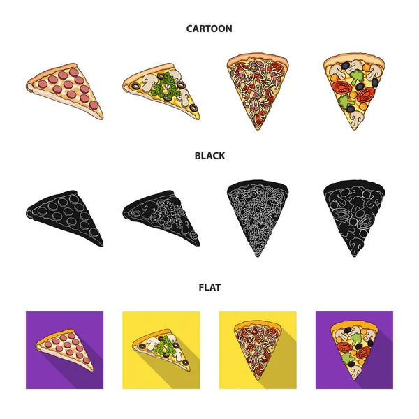 Bir dilim pizza farklı malzemelerle. Farklı pizza toplama simgeler çizgi film, siyah, düz stil vektör simge stok çizim web içinde ayarla.. — Stok Vektör