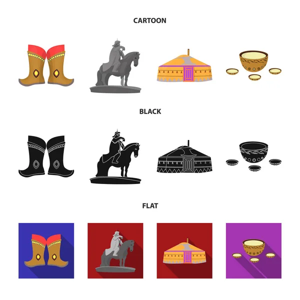 Botas militares, un monumento al jinete, una tienda nacional, una bebida de leche. Mongolia conjunto de iconos de colección en dibujos animados, negro, plano estilo vector símbolo stock ilustración web . — Archivo Imágenes Vectoriales