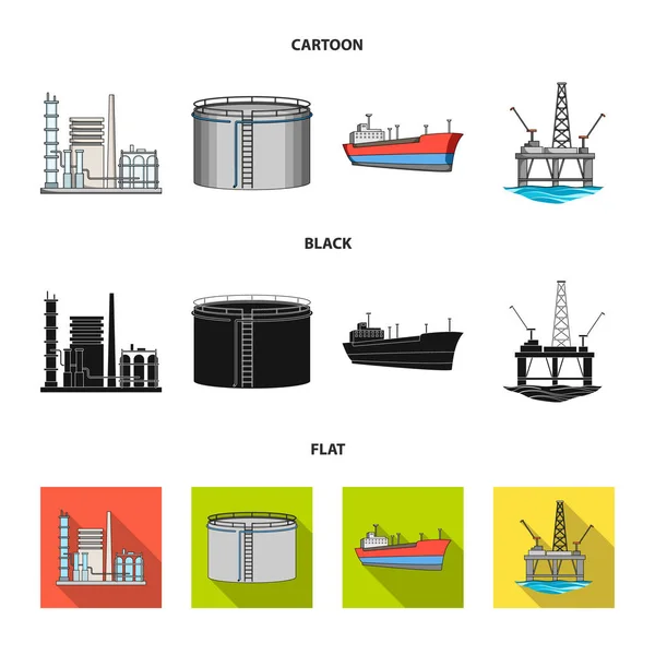 Ölraffinerie, Tank, Tanker, Turm. Öl-Set Sammlung Symbole in Cartoon, schwarz, flachen Stil Vektor Symbol Stock Illustration Web. — Stockvektor