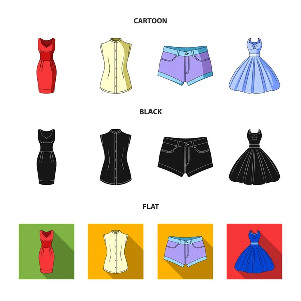 Kadın giyim set koleksiyonu tasarım için çizgi film, siyah, düz simgeler. Sembol stok web illüstrasyon vektör giyim çeşitleri ve aksesuarlar. — Stok Vektör