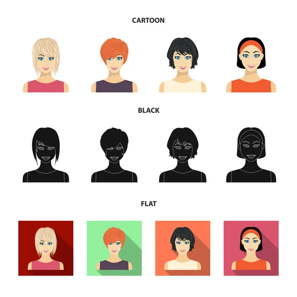 Types of female hairstyles cartoon, black, flat icons in set collection for design. Внешний вид веб-иллюстрации женского векторного символа . — стоковый вектор