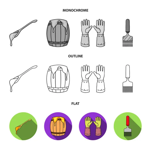 En sked honung, skyddshandskar, ett fat av honung, en gaffel. Bikupa som samling ikoner i platt, skissera, svartvit stil vektor symbol stock illustration web. — Stock vektor