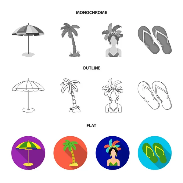 Brésil, pays, parasol, plage. Brésil pays set collection icônes en plat, contour, monochrome style vectoriel symbole illustration web . — Image vectorielle